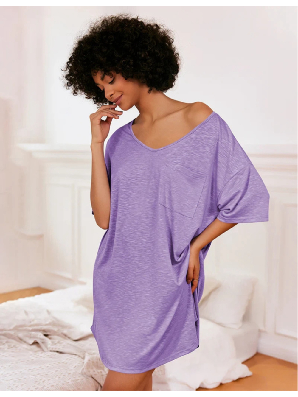 Ekouaer Casual V Neck T-shirt Nightgown in Light Purple Size S